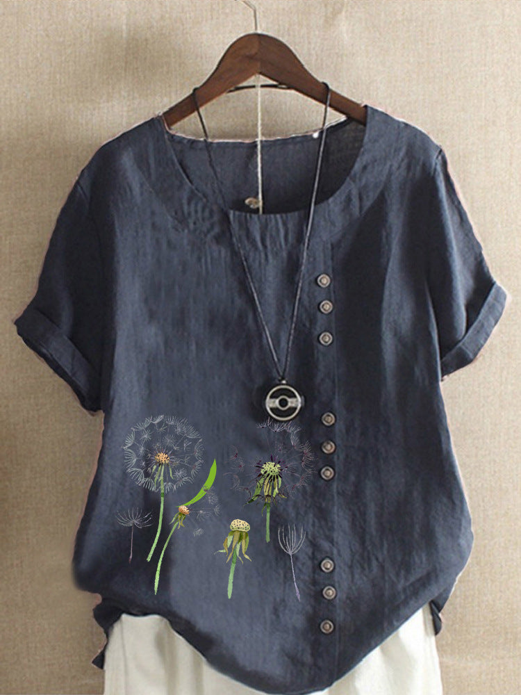 Artistic Retro Cotton And Linen Printed Casual Shirt Women's Top Free Shipping