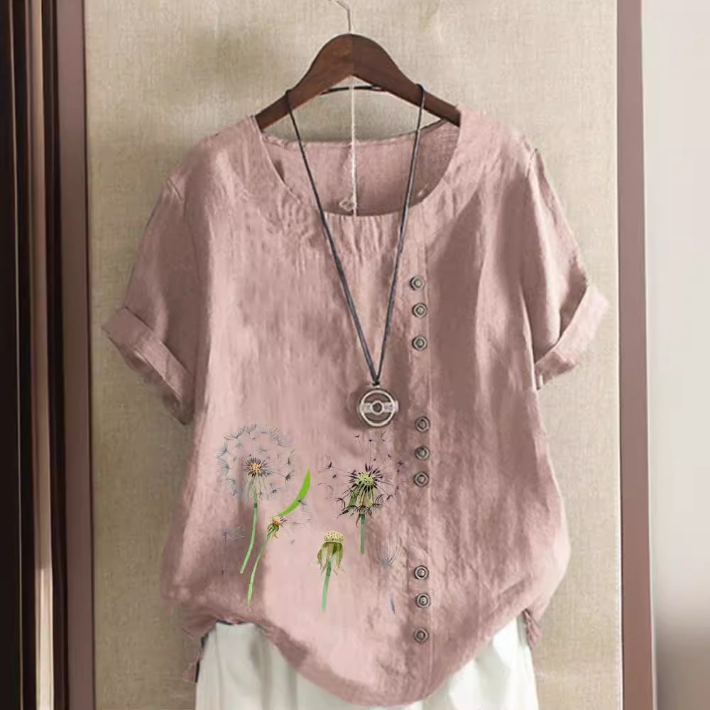 Artistic Retro Cotton And Linen Printed Casual Shirt Women's Top Free Shipping