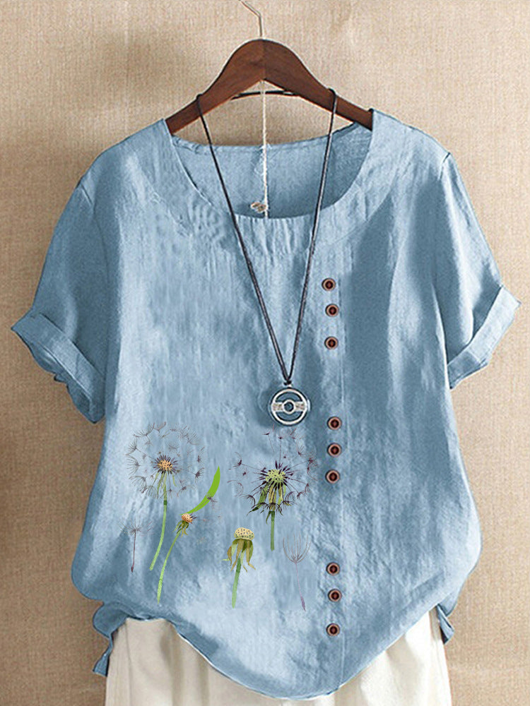 Artistic Retro Cotton And Linen Printed Casual Shirt Women's Top Free Shipping