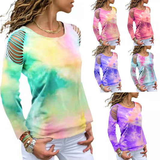 Tie Dye Ripped Floral Off The Shoulder Long Sleeve Tshirt