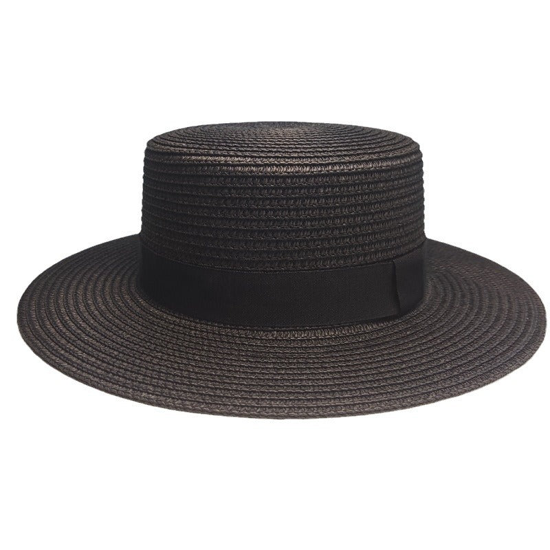 Black Decorative Band Flat Straw Hat High-grade